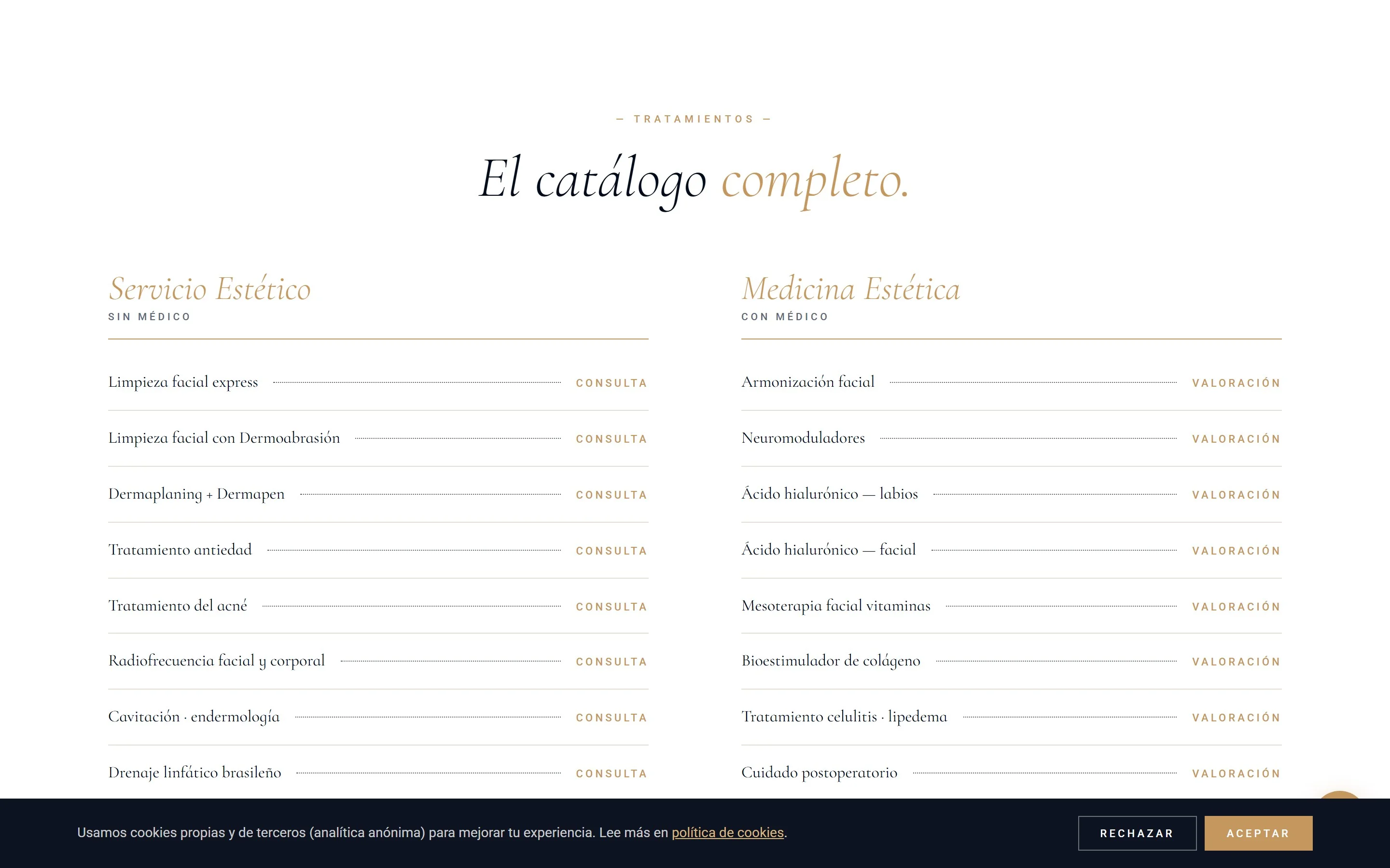 Catálogo de tratamientos con disclaimer médico